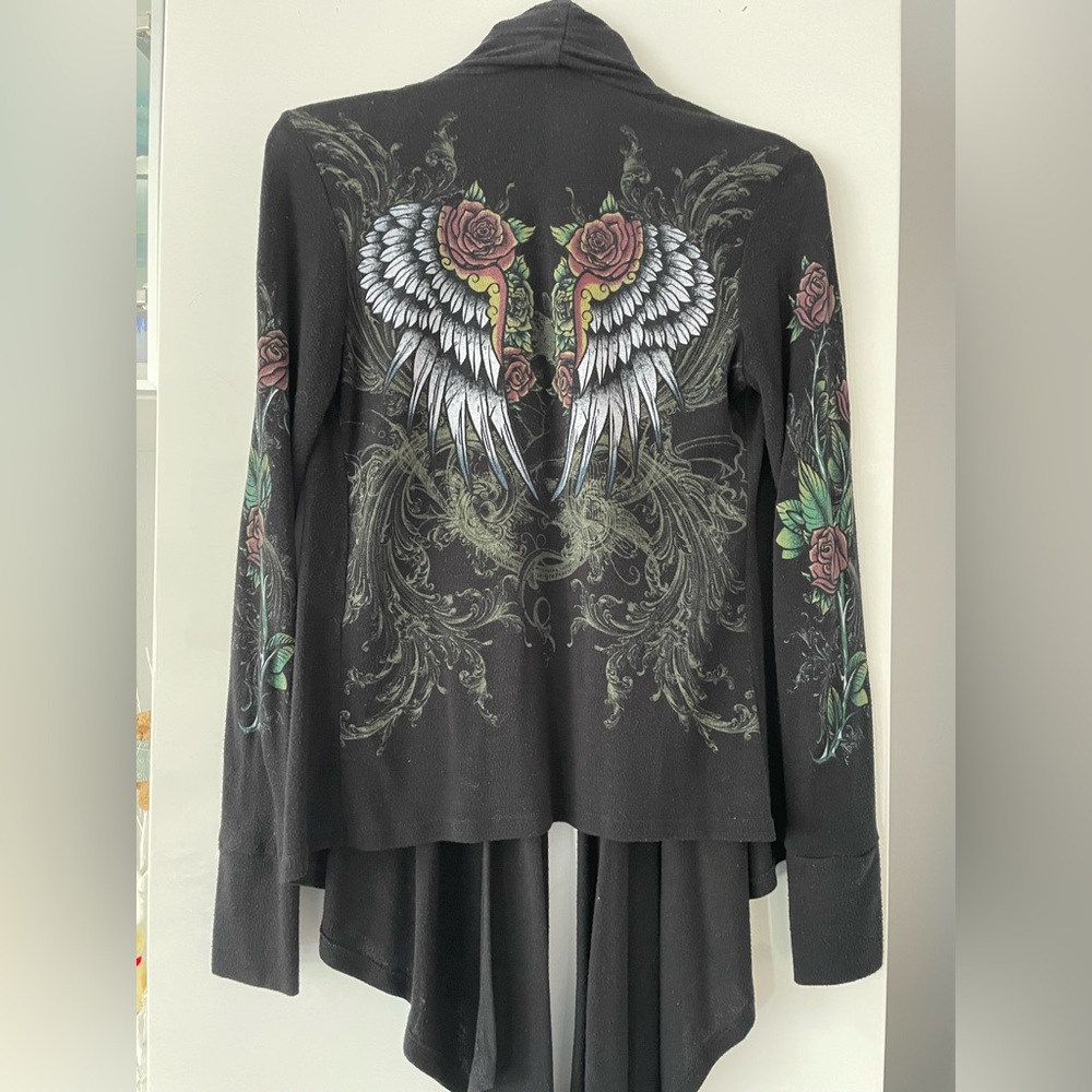 Forever 21 Black Draped Open-Front Cardigan with Embroidered Sleeves